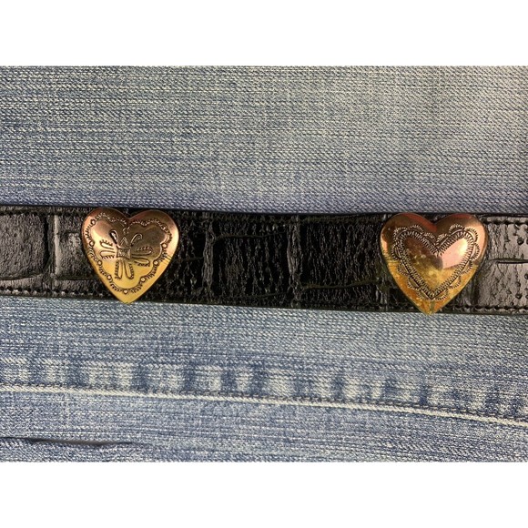 Western Alligator Print Black Leather Belt 32 L SOUTHWEST Cowgirl Metal Hearts - Picture 4 of 11